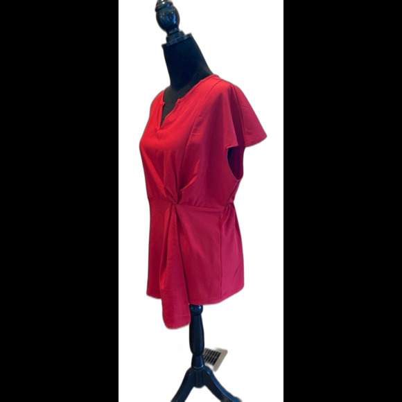 XL Red Blouse Cap Sleeves Faux Wrap Top Asymmetrical Hem V Neck Elastic Waist - Picture 3 of 10